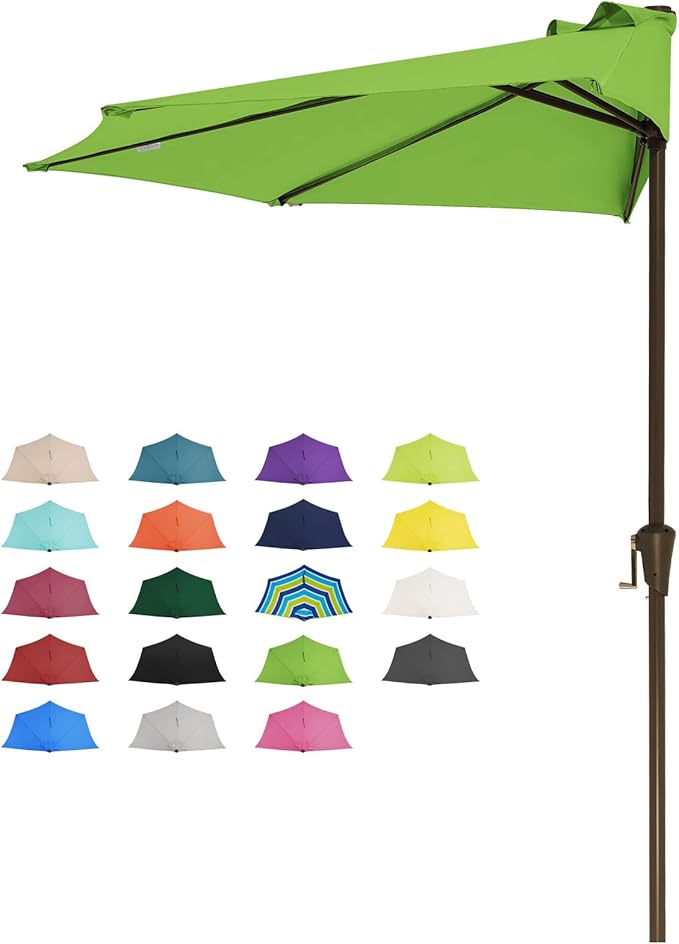 JEAREY 9ft Half Umbrella Outdoor Patio Umbrella Market Umbrellas with Crank, 1/2 Round Wall Umbrella 5 Sturdy Ribs UV Protection for Pool Garden Balcony Deck, Grass Green