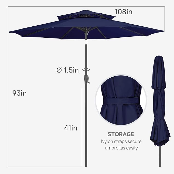 FLAME&SHADE 9ft Patio Umbrella - 2 Tiers Outdoor Umbrella with Push Button Tilt and Crank for UV Protection, Table Market Umbrella for Garden, Deck, Backyard, Pool and Beach(Navy Blue)