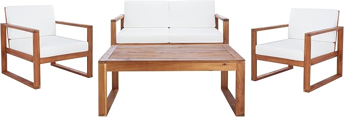 SAFAVIEH Outdoor Collection Emiko Natural/Beige Cushion Solid Wood 4-Piece Conversation Patio Set