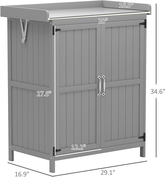 29 Inch Wooden Outdoor Storage Box and Garden Potting Bench with Stainless Steel Tabletop, Double Doors and Hinged Roof for Patio Organization and Tool Storage, Grey