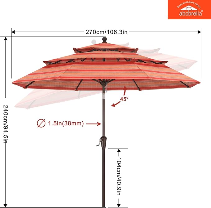 ABCCANOPY 5-Year 10-Year No Fading 9FT 3 Tiers Patio Umbrella, Outdoor Table Umbrella with 8 Sturdy Ribs for Deck, Backyard, Garden, Yard