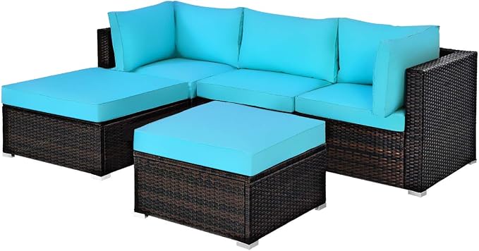 COSTWAY 5-Piece Outdoor Patio Furniture Set, PE Rattan Sectional Conversation Set with Cushions and 2 Ottomans for Garden, Deck, Backyard (Turquoise)