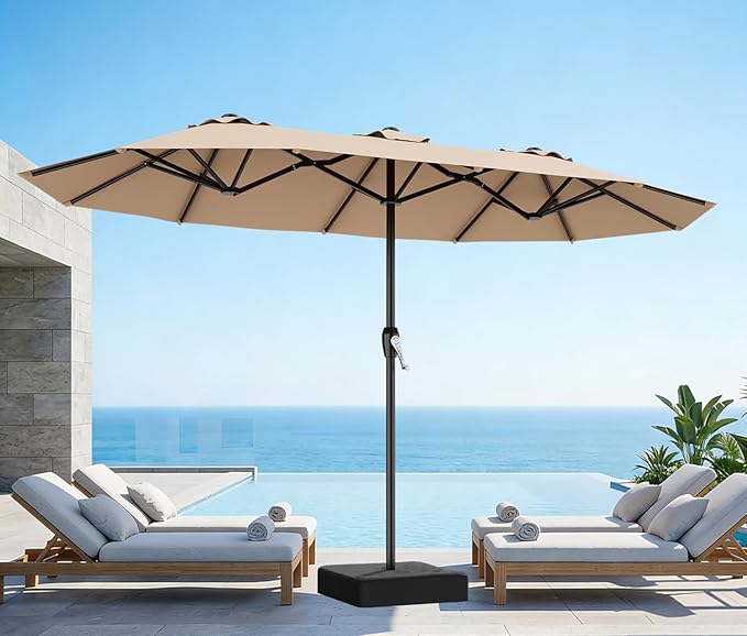 AreShark 15ft Patio Umbrella with Base, Double Sided Outdoor Umbrella with 12 Fiberglass Ribs, Large Outdoor Umbrella for Garden, Pool, Deck, Backyard & Market, Beige