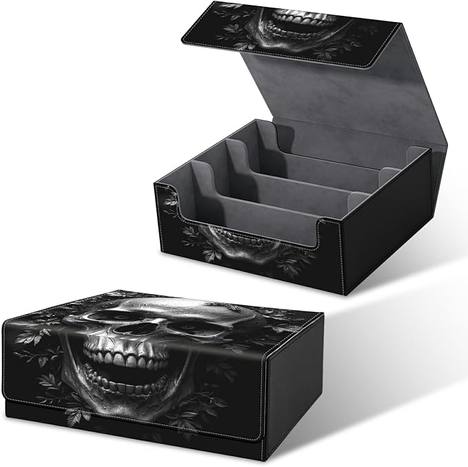 Large Card Deck Box for MTG, Fits 1200+ Sleeved Cards, PU Leather Storage Case with Strong Magnetic Closure, Multiple Colors Available for TCG CCG Baseball Card Collections, Dark Skull