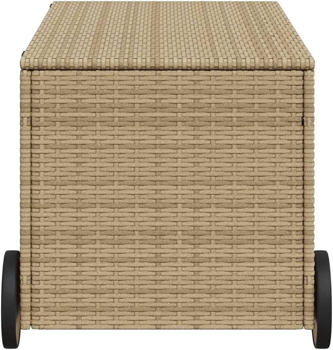 50.2 Gal Outdoor Storage Box with Wheels, Patio Rattan Deck Box, Wicker Garden Storage Bin Deck Box, Poly Rattan Patio Storage Chest with Hinged Lid, 42.1"x21.7"x19.7"/20.9" Mix Beige