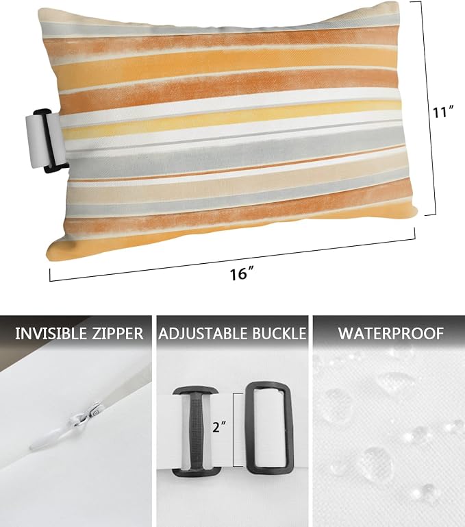 Outdoor Pillows Covers with Inserts Northern Europe Yellow Vintage Stripes Waterproof Recliner Pillow with Adjustable Strap Throw Pillows for Patio Furniture Pool Lounge Chair, 11x16 inch, 1PCS