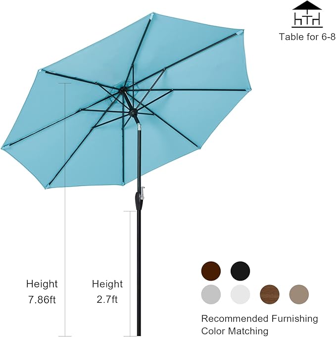 Tempera Striped Patio Umbrellas Outdoor Table Market Umbrellas with Crank & Pust Button Tilt|Auto-Tilt, 8 Steel Ribs, High Color-Fastness Canopy
