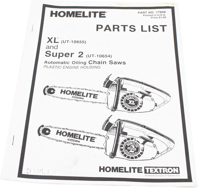 Homelite Parts List UT-10655 and UT-10654 Automatic Oiling Chain Saws Plastic Engine Housing Handheld Equipment Parts