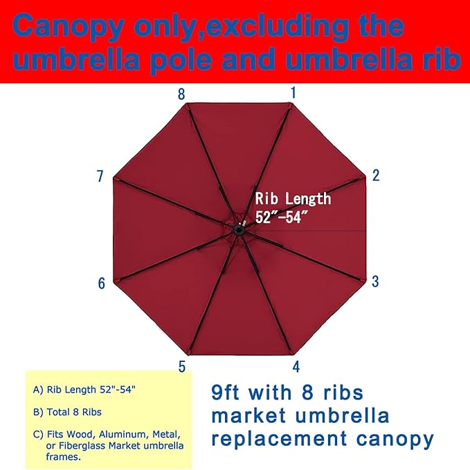 Patio Umbrella 9 ft Replacement Canopy for 8 Rib，Patio Umbrella Replacement Canopy Market Umbrella Top Fit Outdoor Umbrella Canopy（Only the top cover）