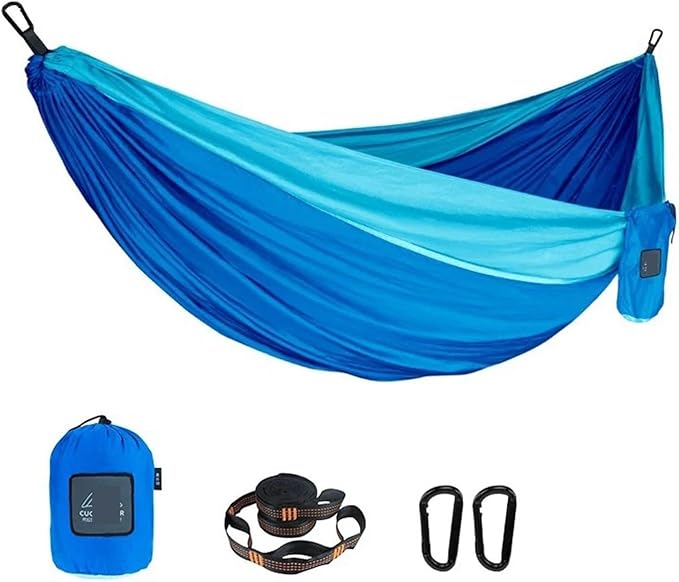 Hammock Portable Nylon Parachute Fabric Single and Double Size Outdoor Camping Hiking Garden Hammock Quick-Opening(Double Blue 2)