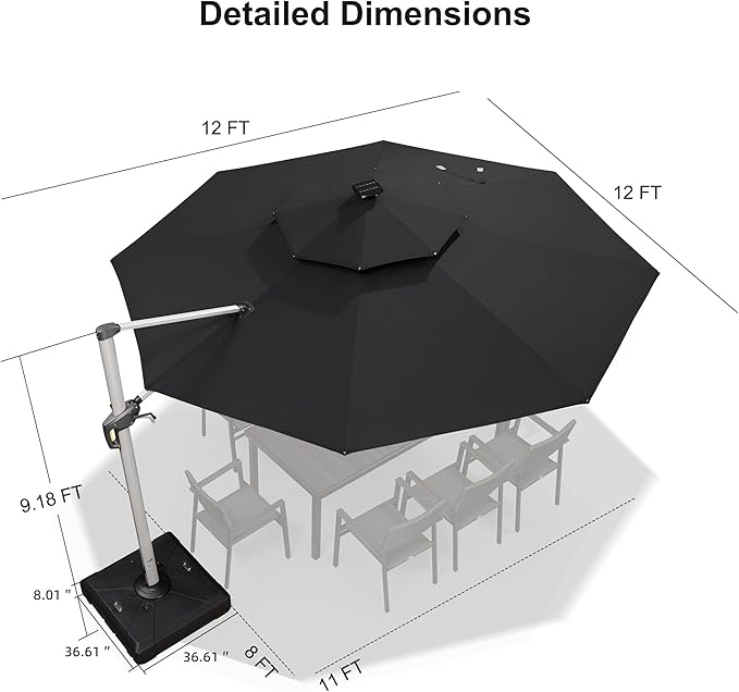 PURPLE LEAF 12ft Patio Umbrella With Base Solar powered LED Cantilever Umbrella with LED lights Windproof Outdoor Offset Umbrella for Garden Deck Pool Patio, Black