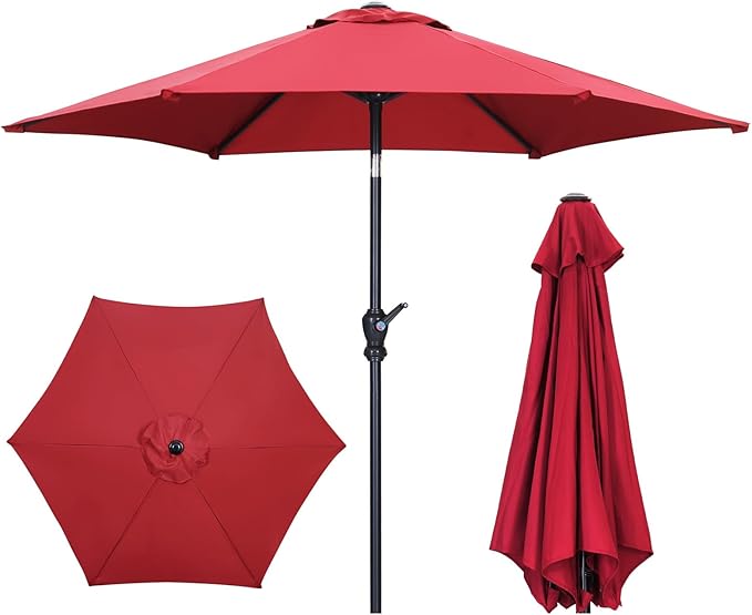 GDY 7.5FT Patio Umbrella Outdoor Table Umbrella,Market Umbrella with 6 Sturdy Ribs, with Push Button Tilt and Crank for Garden, Lawn, Deck, Backyard & Pool (Red)
