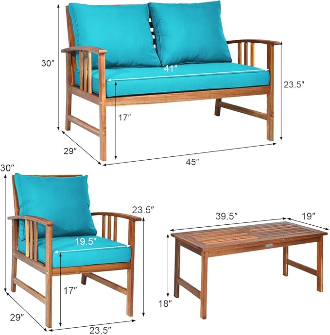 Tangkula 4 PCS Acacia Wood Patio Furniture Set, Outdoor Seating Chat Set w/Gray Cushions Back Pillow, Outdoor Conversation Set w/Coffee Table for Garden, Backyard, Poolside (Turquoise)