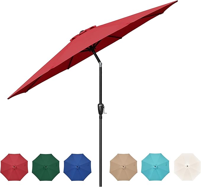 HealSmart 9' Outdoor Patio Umbrella, Market Table Umbrella with 8 Sturdy Ribs, Push Button Tilt and Crank for Garden, Yard, Pool, Red