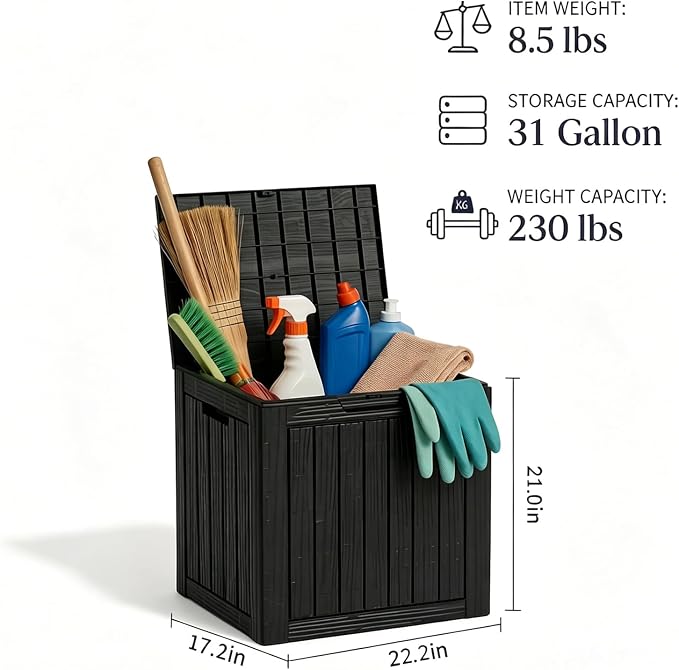 MAKINO 31 Gallon Resin Outdoor Storage Box, Waterproof Deck Box with Lockable Lid, Outside Storage Box for Patio Furniture, Pool Accessories, Garden Tools, Storage Bench for Backyard, Porch, Black