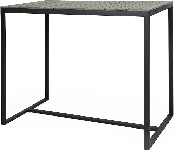 Industrial Acacia Wood Outdoor Bar Table with Metal Frame & Slat Design - Weather-Resistant Patio Furniture for Entertaining (51.25" W x 27.50" D x 40.25" H)