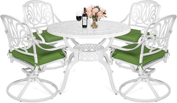 MEETWARM 5-Piece Outdoor Patio Dining Set, All-Weather Cast Aluminum Patio Conversation Set for Backyard Garden Deck with 4 Cushions Swivel Rocker Chairs and 38.5" Round Table, White