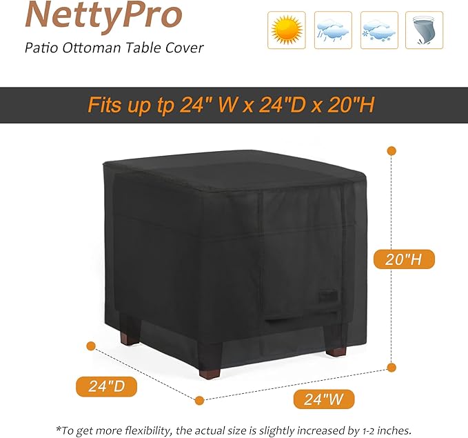 NettyPro Waterproof Patio Ottoman Cover Square Outdoor Furniture Side Table Cover, 24L x 24W x 20H inch, Black