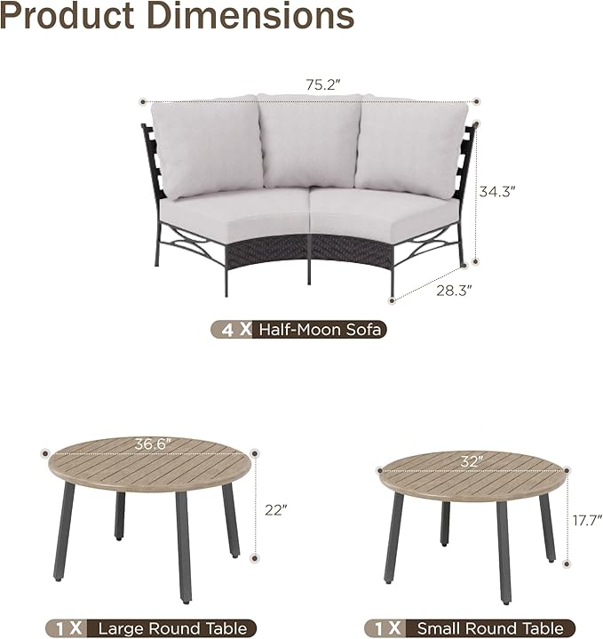 PHI VILLA Outdoor Patio Furniture Set 10 Piece, Round Sectional Curved Outdoor Sofa for 8 Persons with 2 Round Table for Garden, Poolside, Balcony, Backyard