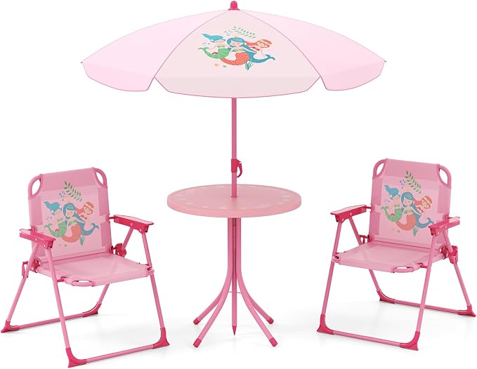 KOTEK Kids Picnic Table with Umbrella, Outdoor Table & 2 Folding Chairs, Cute Pattern Children’s Patio Furniture, Portable Kids Table and Chair Set for Backyard, Garden, Beach (Pink)