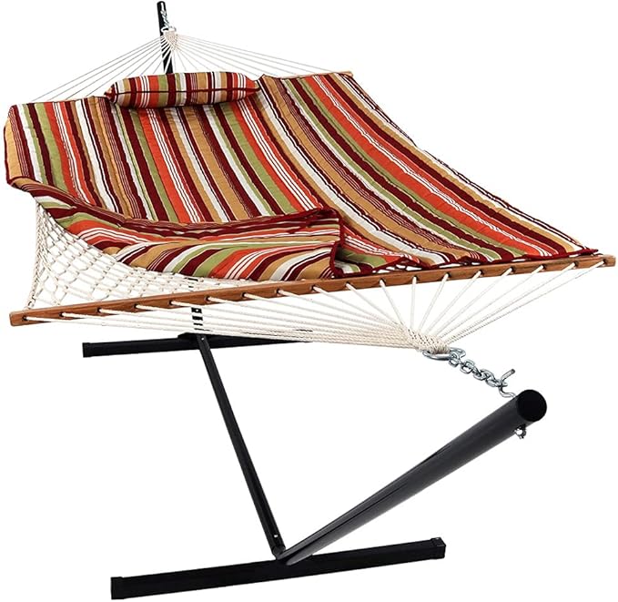 Sunnydaze Rope Hammock with Stand for Outside- 275-Pound Capacity - Includes 12-Foot Hammock Stand, Spreader Bar, Pad, and Pillow - Tropical Orange