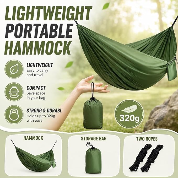 Camping Hammock Lightweight Portable Double Swing with 2 Tree Straps, Heavy Duty Parachute Nylon Bed for Backpacking Hiking Beach, Outdoor Essentials for Backyard Patio Camping Gear (Pink)
