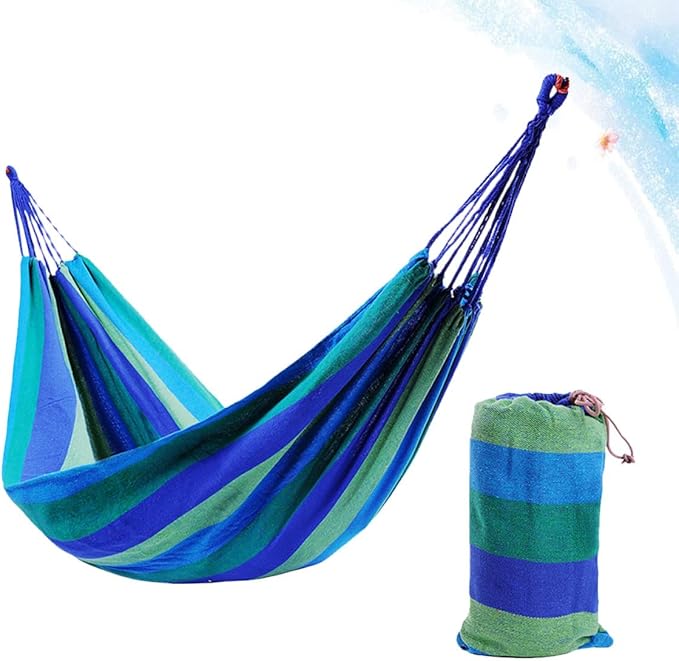 YARNOW Double Thick Canvas Hammock Swing for Two, 280x150cm Blue, Outdoor Camping Hanging Sleeping Bed with Two Bind Ropes and Storage Bag, Patio Backyard Relaxation Gear