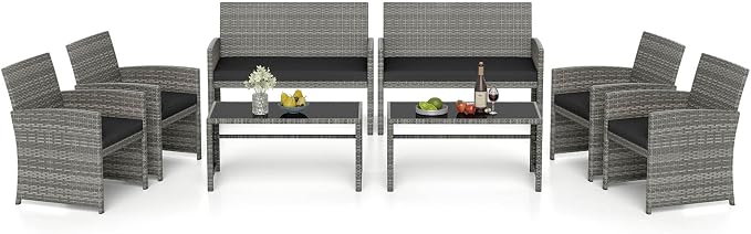 RELAX4LIFE 8-Piece Patio Furniture Set - Wicker Rattan Outdoor Sectional Sofa Set w/Glass Coffee Table, Loveseat, 2 Chairs & Soft Cushions, Bistro Conversation for Garden Porch (2, Grey-Black)