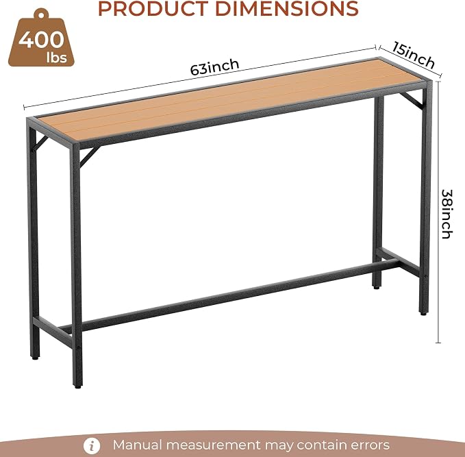 TLSUNNY Outdoor Bar Table, 63" Patio Counter Height Table, High Top Furniture w/HDPE Top, E-Coating & Hammer-Finish Frame, Adjustable Foot, All Weather for Hot Tub,Balcony,Poolside,Kitchen