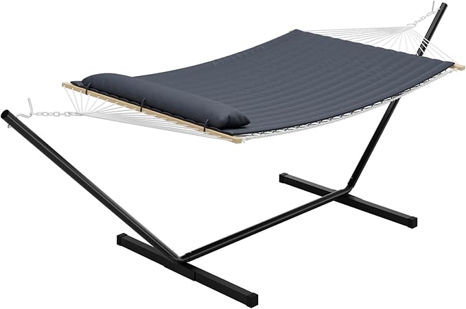 Heavy Duty Double Hammock with Stand & Soft Pillow, 450 LBS Capacity - Padded Portable Hammock for Indoor Outdoor Patio Backyard Garden