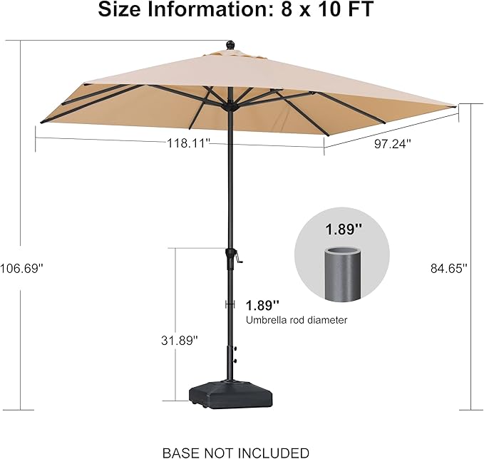 PURPLE LEAF 10' x 8' Patio Market Umbrella Outdoor Table Sun Umbrellas with Crank 8 Aluminum Sturdy Ribs for Pool Deck Backyard Beach Beige