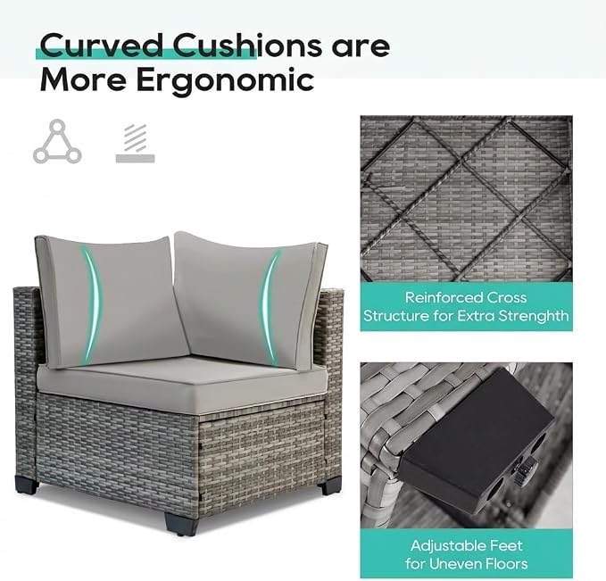 7 Pieces Outdoor Patio Furniture Set, All-Weather Sectional Sofa | Light Grey Wicker Conversation Set with Glass Table and Cushions | PE Rattan Weaving | Ideal for Patio, Pool, Balcony
