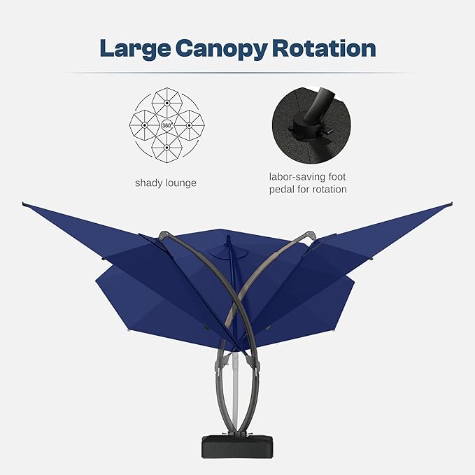 11FT Cantilever Patio Umbrella with Solar LED Lights and Base, 360 Rotating Offset Umbrella with Infinite Tilt, Heavy Duty Aluminum Frame, Outdoor Canopy for Patio, Pool, Backyard, Navy