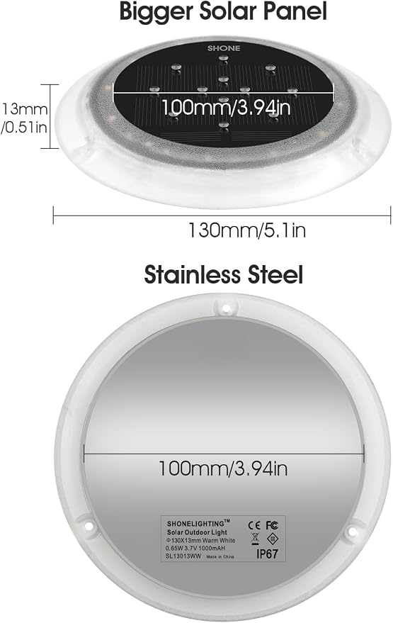 Solar Dock Lights, Deck LED Disc, Warm White, 2 Pack | Outdoor Waterproof, Flat Low Profile, Driveway, Ground, Anti-Slip & Anti-Trip, Soft Anti-Glare