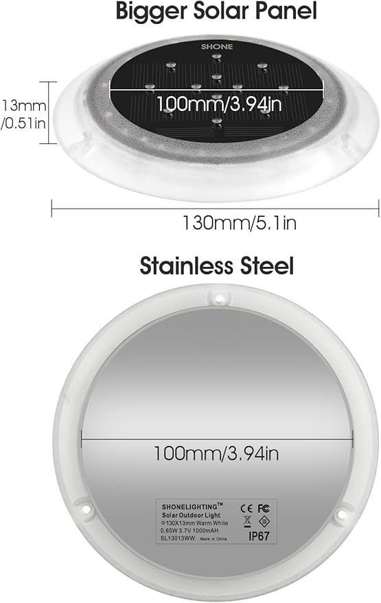 SHONELIGHTING Solar Dock Lights Outdoor Waterproof, Flat Low Profile Disc LED for Deck, Driveway, Ground & Pathway, Anti-Slip & Anti-Trip (Warm White, 12Pack)