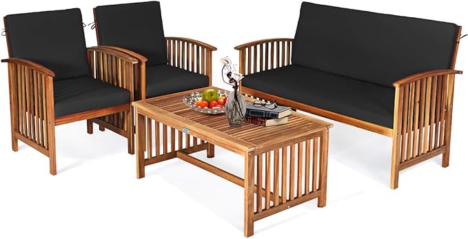 Tangkula Outdoor 4 PCS Acacia Wood Sofa Set w/Water Resistant Cushions, Padded Patio Seating Chat Set w/Coffee Table for Garden, Backyard, Poolside (1, Black)