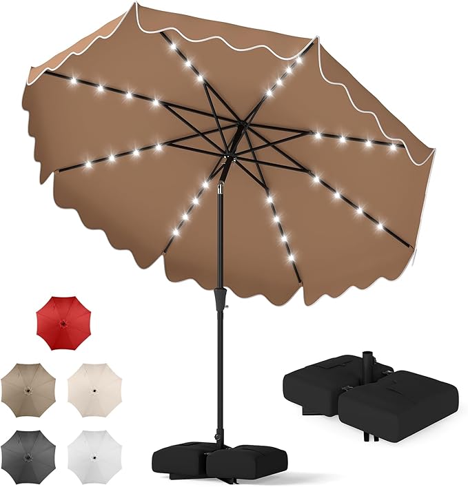 Tangkula 10 FT Solar Patio Umbrella with Base Included, 2-Tiers Outdoor Scalloped Table Umbrella with 32 LED Lights, 2 Sandbags, Tilt Adjustment, Crank, 8 Ribs for Market Backyard Pool Deck Beach Lawn (Coffee, 10 FT)