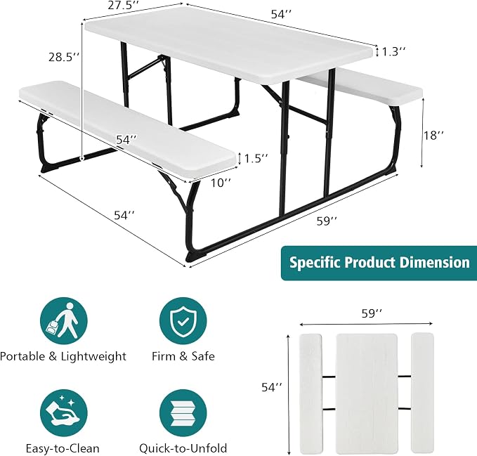 Giantex 4.5 FT Folding Picnic Table Bench Set- Outdoor Dining Set for 4-6 Persons w/All-Weather HDPE Tabletop, Metal Leg, Large Outside Dining Table for Lawn Patio Garden Yard Poolside, White