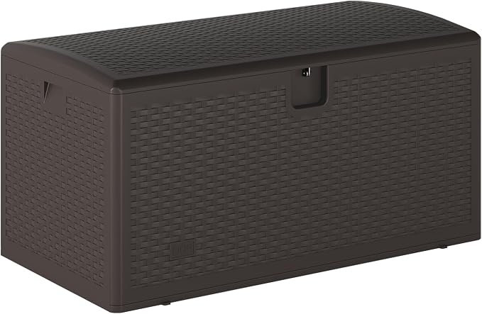 Takywep 73 gal Resin Deck Box, Waterproof Outdoor Storage Box with Lockable Lid, Patio Storage Bin for Cushions, Garden Tools, Pool Accessories, Indoor Outdoor Plastic Chest, Brown