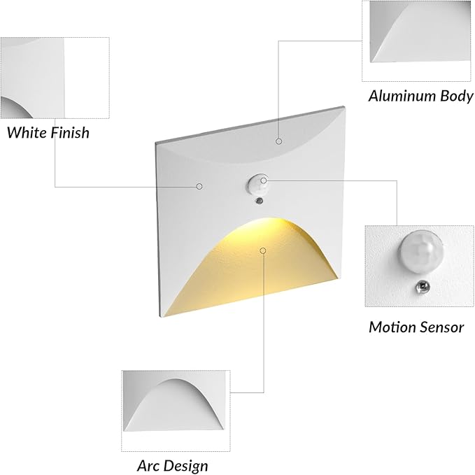 FVTLED 4 Pack Motion Sensor LED Step Lights, 3W AC 85-265V Stair Lights Indoor Outdoor, 3000K Warm White, Arc Design, IP44 Waterproof Staircase Lighting-White Shell