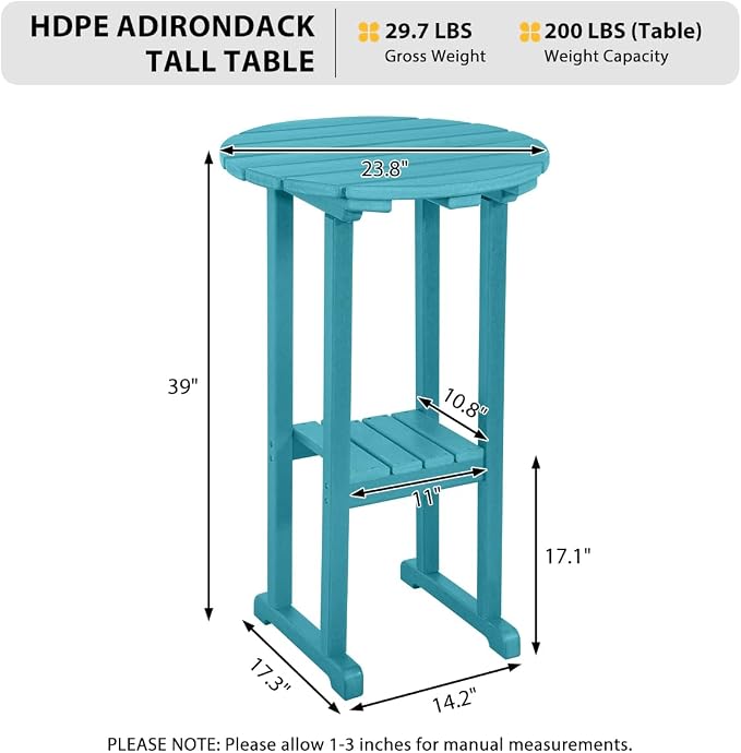 Sundale Outdoor 39 Inches Height Adirondack Bar Table, Patio HDPE Pub Height Round Counter Table, All Weather High Top Bistro Tabl for Outside Deck Porch Balcony Poolside (Teal)
