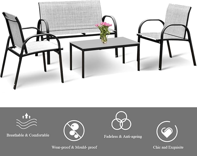 Tangkula 4 Pieces Patio Furniture Set, Metal Frame Heavy Duty Outdoor Conversation Set, Includes Glass Top Coffee Table, 2 Armrest Chairs and Loveseat, Suitable for Lawn Garden Porch Balcony (Gray)