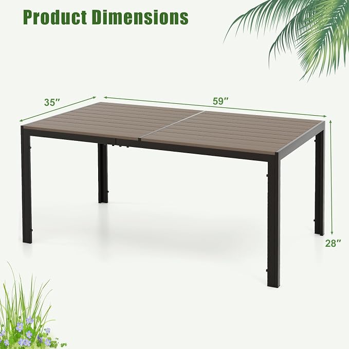 Tangkula Outdoor Rectangle Dining Table, 59” x 35” Large Outside Table with Metal Legs, Accommodate up to 6, Patio Weatherproof Table for Backyard, Garden, Poolside