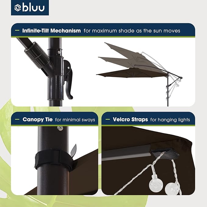 BLUU 10 FT Patio Offset Umbrella Outdoor Cantilever Umbrella Hanging Umbrellas, Fade Resistant Crank & Cross Base (Brown, 10 FT)