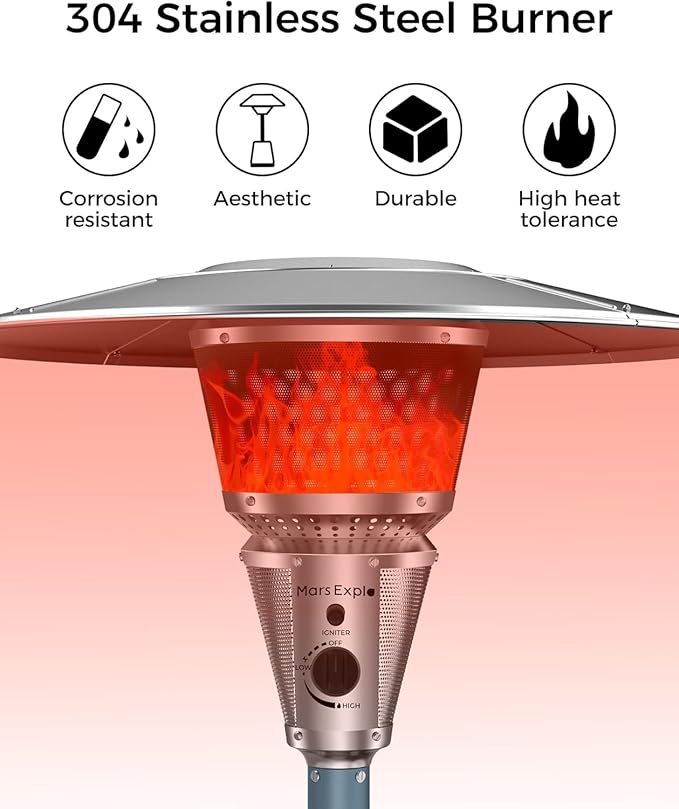 50,000 BTU Patio Heater for Outdoor Use With Adjustable Heat Focusing Top, Portable Propane Patio Heater with Wheels, Stainless Steel Burner for Porch, Deck, Garden, Commercial (Grey)