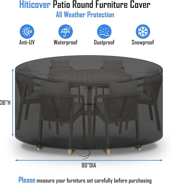 Round Patio Furniture Covers Waterproof, 80 Inch Outdoor High Round Table Cover, Tall Bar Height Outside Table and Chairs Set Covers for Winter, Rainproof Fadeproof - 80" Dia x 36" H