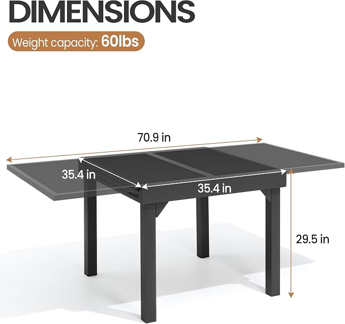 Modern Aluminum Outdoor Dining Table - Expandable Patio Glass Dining Table for 6-8, Extendable Aluminum Patio Extender Table 35" to 70" for Backyard, Porch, Deck, Garden - Dark Grey