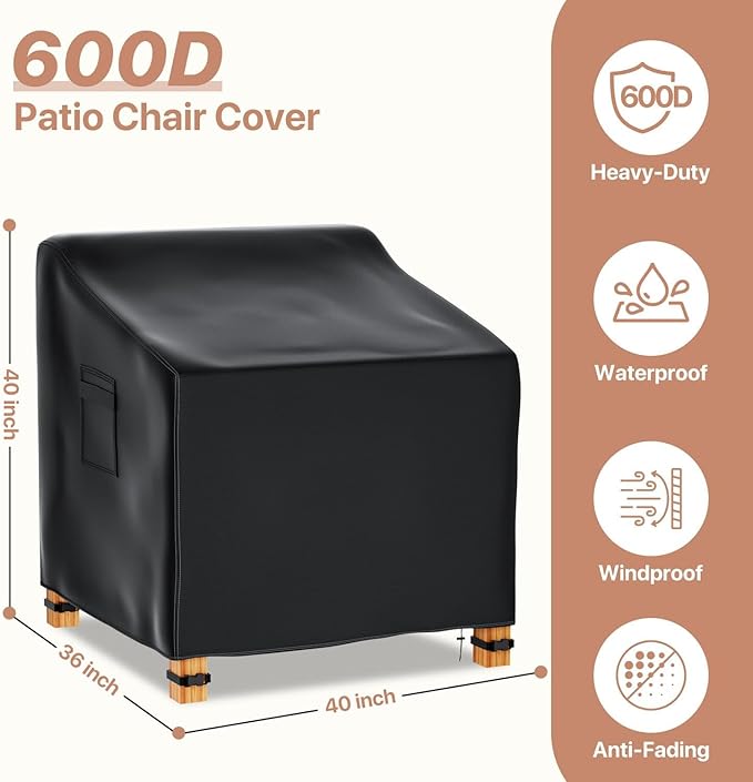 Likorlove Patio Chair Covers Waterproof – Fits up to 40" W x 36" D x 40" H, 600D Heavy Duty Outdoor Lounge Chair Covers, UV & Fade Resistant, Windproof with Buckles & Drawcord, Black (2Pack)