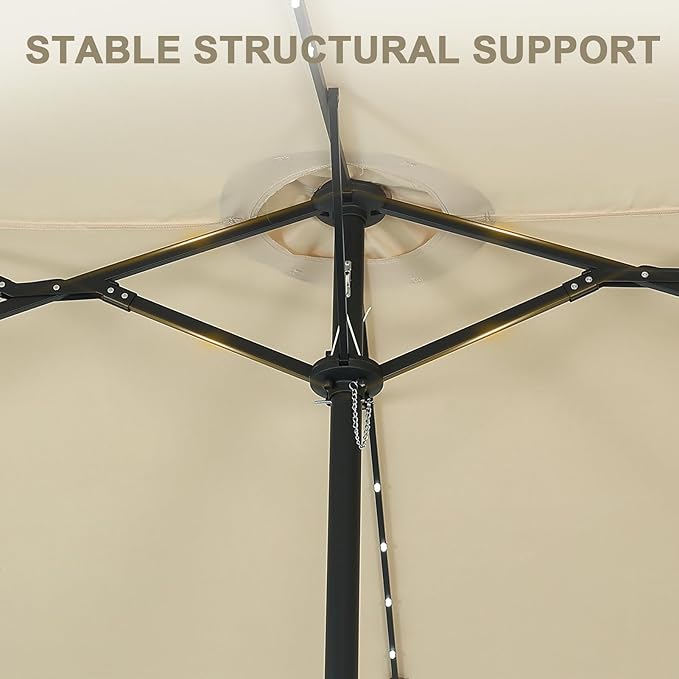 15 ft Patio Umbrella with 48 LED Lights, Large Rectangle Outdoor Solar Umbrella with Matching Base, Strap, Crank, Khaki