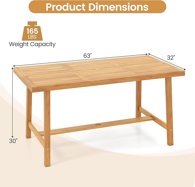 Tangkula 63-Inch Acacia Wood Patio Dining Table for 6, Heavy-Duty Indoor Outdoor Rectangular Table with 1.97" Umbrella Hole, Large Farmhouse Outside Dining Table for for Backyard, Garden, Porch, Deck
